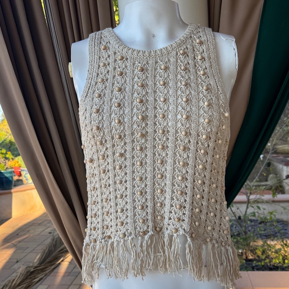 House of Harlow 1960 Beige Knit Camisole with Fringe